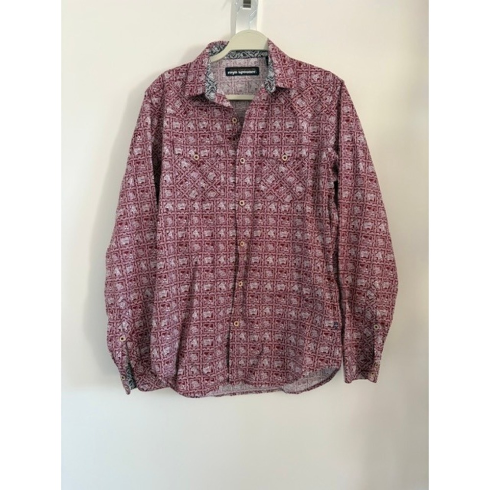 Reyn Spooner Mens Burgundy Lahaina Sailor Print‎ Cotton Long Sleeve Shirt Medium